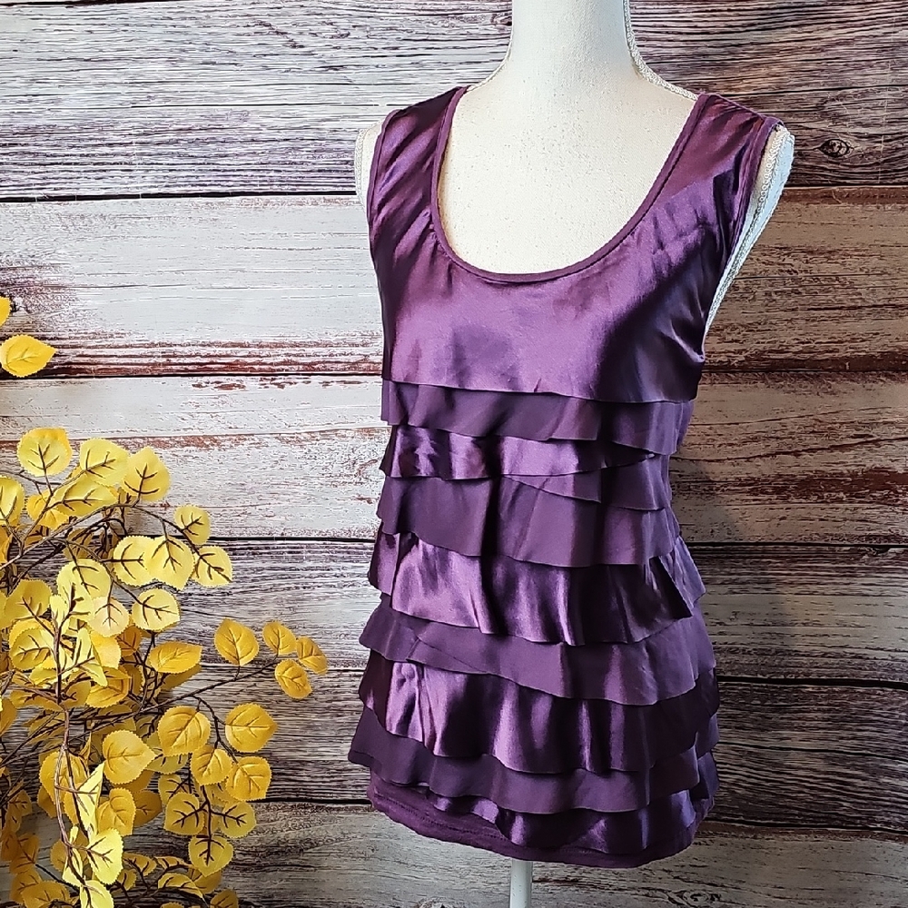 ANN TAYLOR LOFT PLUM SATIN TIRED PULLOVER TANK TOP